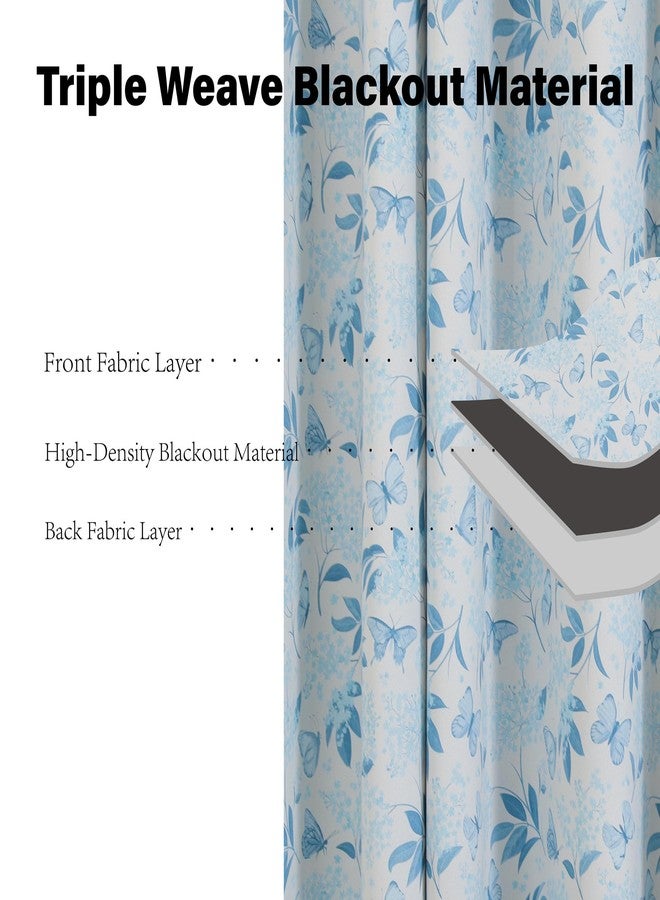 RLoncomix Blue Blackout Curtains for Bedroom Living Room 84 Inches Long Flower and Butterflies Printed Window Treatments French Country Grommet Window Drapes Set 2 Panels - Image 4